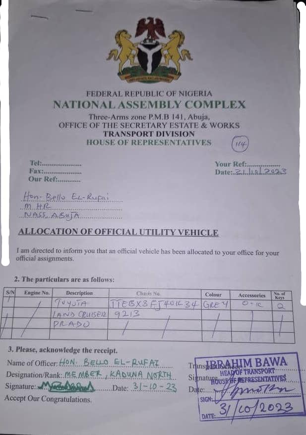 Document Shows Bello El-Rufai Lied About Rejecting SUV Distributed To National Assembly Members