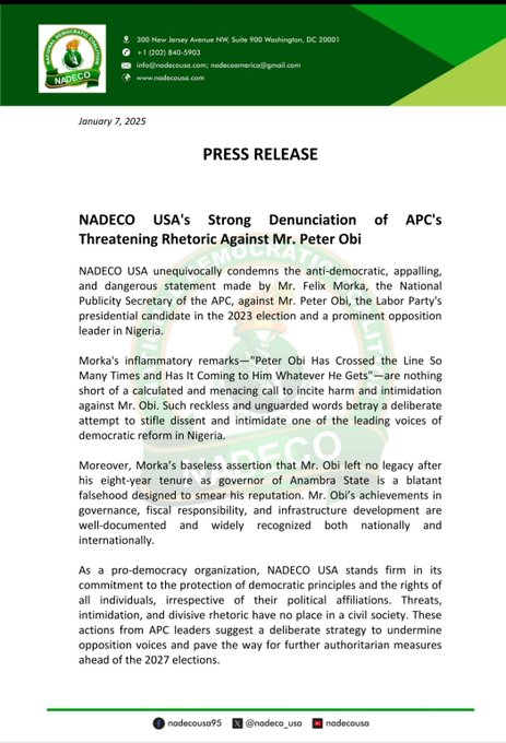 Peter Obi’s Achievements in Governance, Infrastructural Development are Documented, Recognized Nationally, Internationally' – Says NADECO USA; Terms Morka’s Assertion that Obi Left No Legacy After Tenure Baseless