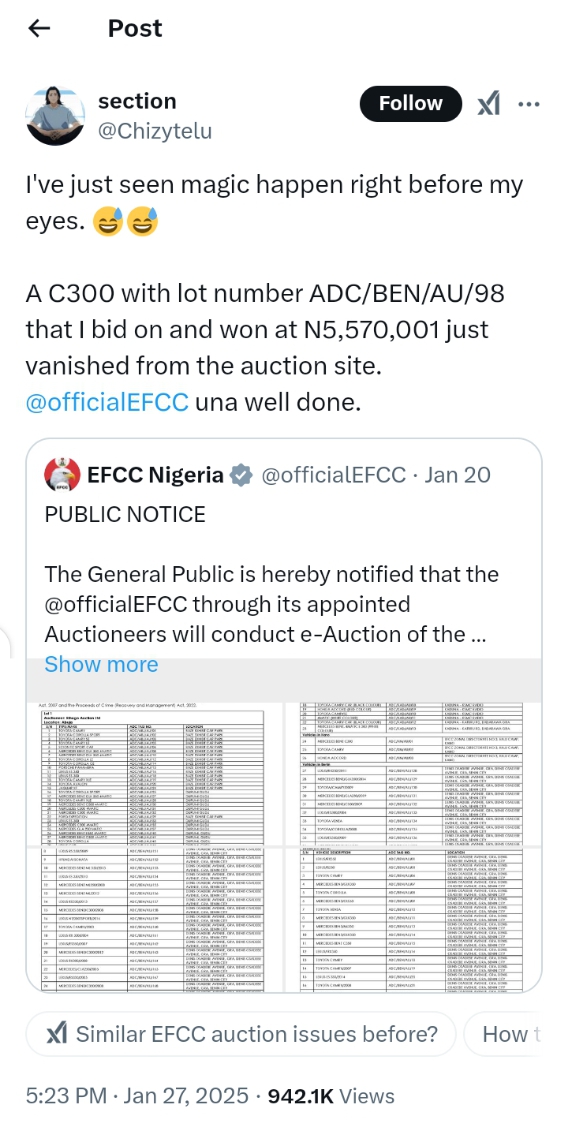 Bidder Alleges Suspicious Activity in EFCC Vehicle Auction as Winning Bid Disappears