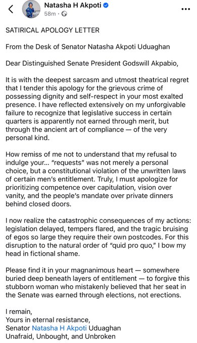 Senator Natasha Issues Controversial ‘Apology Letter’ to Akpabio
