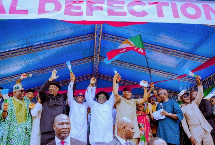Okowa and others at the defection rally in Delat State.