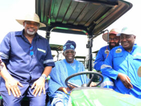 Lagos State Governor, Babajide Sanwo-Olu (left); Minister of Agriculture and Food Security, Abubakar Kyari; President Bola Tinubu; Niger State Governor, Mohammed Bago and Minister of State for Agriculture and Food Security, Aliyu Sabi Abdullahi.