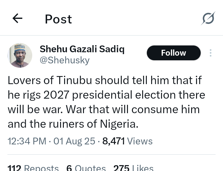 Lovers of Tinubu Should Tell Him That If He Rigs 2027 Presidential Election, There Will be War—Sadiq