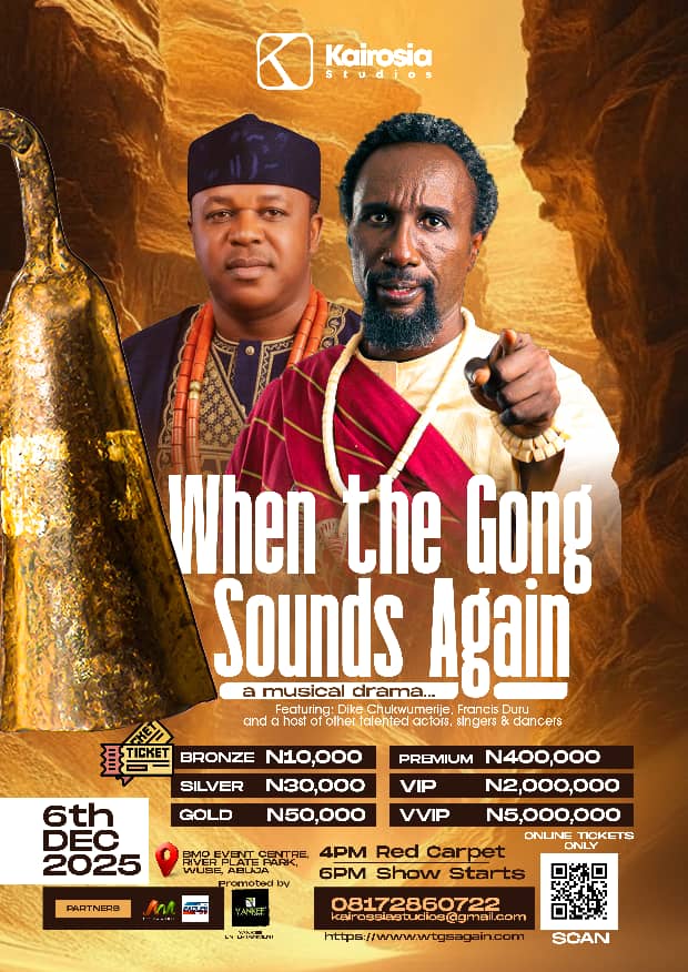Abuja is about to witness one of its most anticipated cultural showcases of the year as Kairosia Studios prepares to unveil When the Gong Sounds Again, a powerful musical drama scheduled for December 6, 2025, at the RMO Event Centre, River Plate Park, Wuse, Abuja.