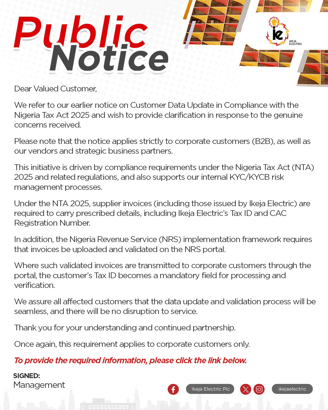 Notice on Tax by Ikeja Electric